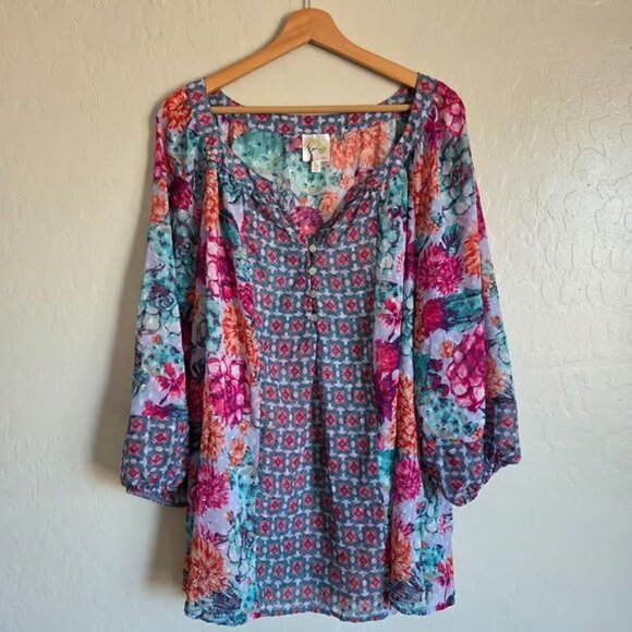 Fig & Flower V-Neck Mixed Floral Print Top Multi 3X Plus Colorful Boho Peasant - Picture 1 of 7